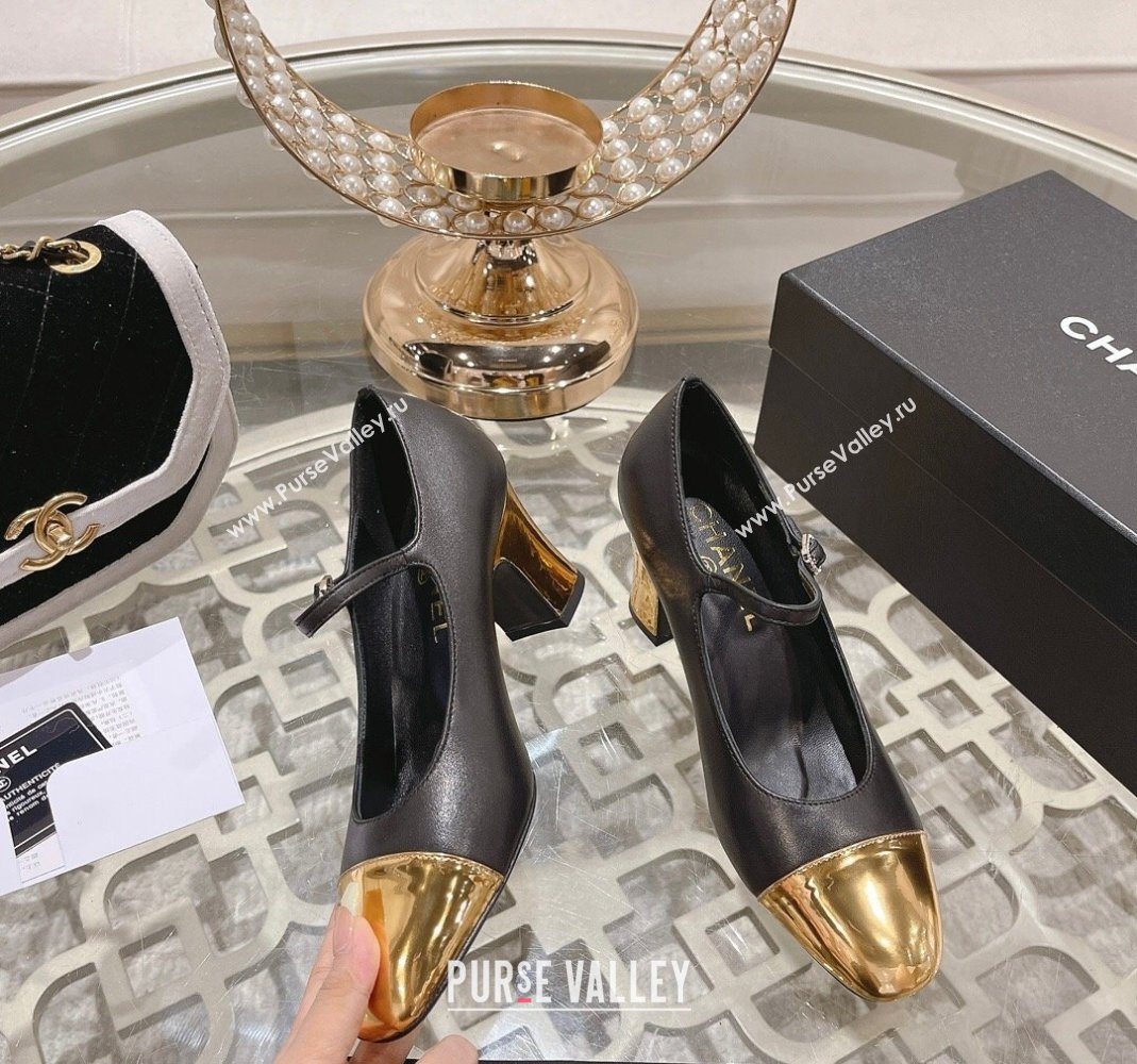 Chanel Lambskin Mary Janes Pumps 6.5cm Black/Gold 2023 CH120107 (MD-231201043)