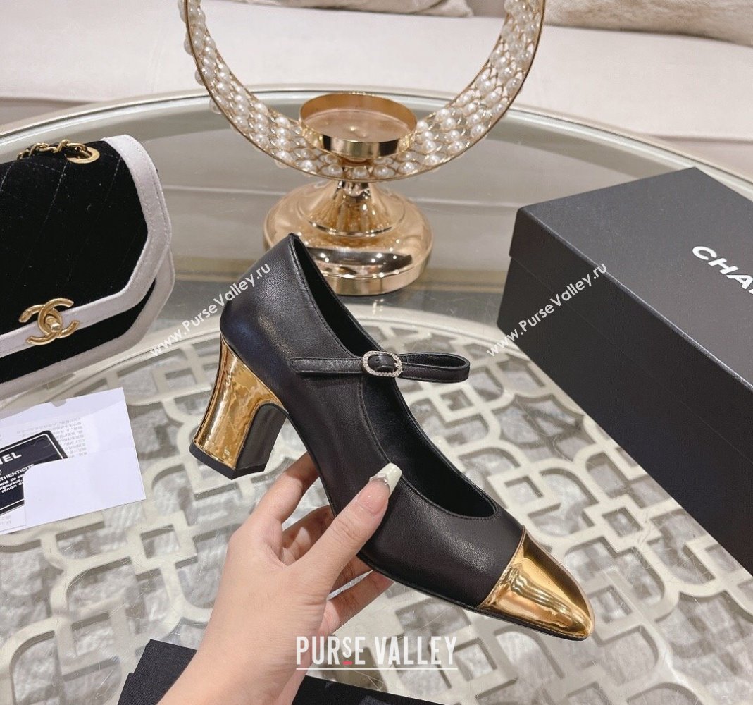 Chanel Lambskin Mary Janes Pumps 6.5cm Black/Gold 2023 CH120107 (MD-231201043)