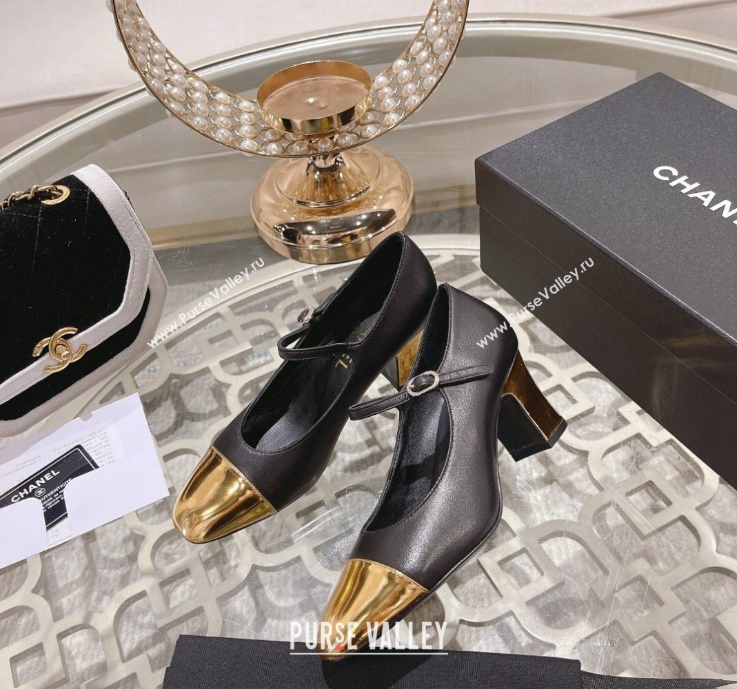 Chanel Lambskin Mary Janes Pumps 6.5cm Black/Gold 2023 CH120107 (MD-231201043)