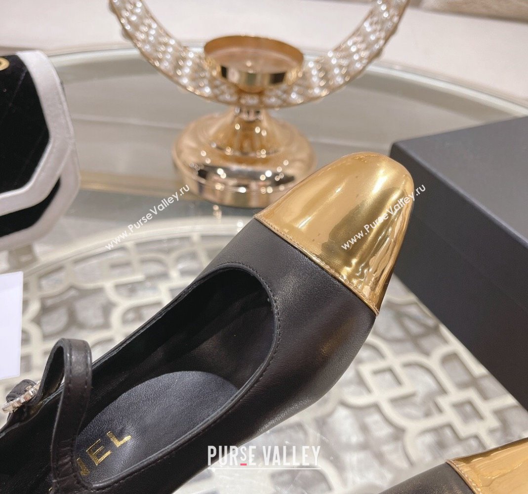 Chanel Lambskin Mary Janes Pumps 6.5cm Black/Gold 2023 CH120107 (MD-231201043)