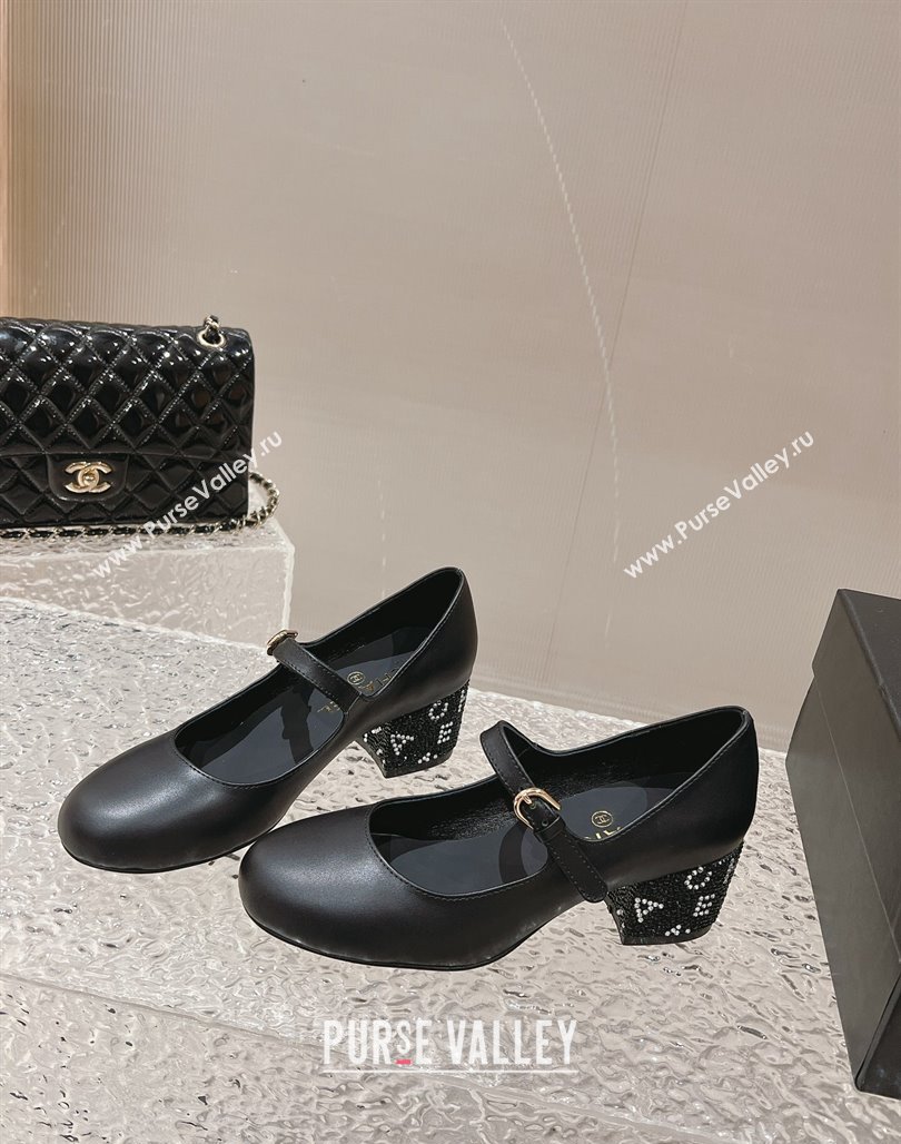 Chanel Calfskin Mary Janes Pumps 4.5cm with Crystals Heel Black 2023 G45473 (MD-231201052)