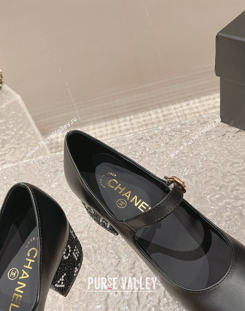 Chanel Calfskin Mary Janes Pumps 4.5cm with Crystals Heel Black 2023 G45473 (MD-231201052)