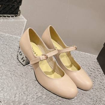 Chanel Calfskin Mary Janes Pumps 4.5cm with Crystals Heel Beige 2023 G45473 (MD-231201053)