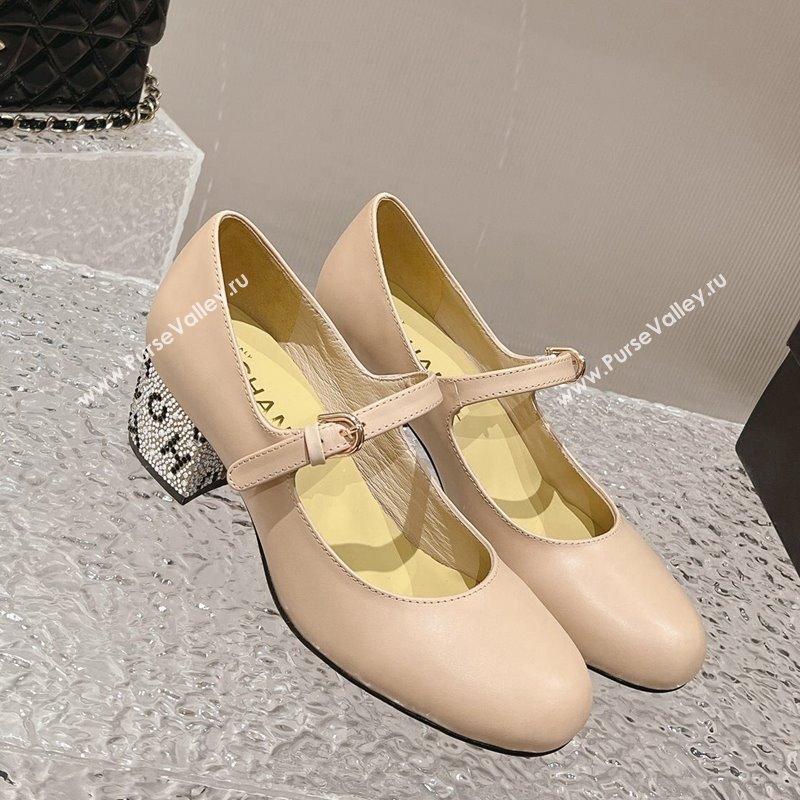 Chanel Calfskin Mary Janes Pumps 4.5cm with Crystals Heel Beige 2023 G45473 (MD-231201053)