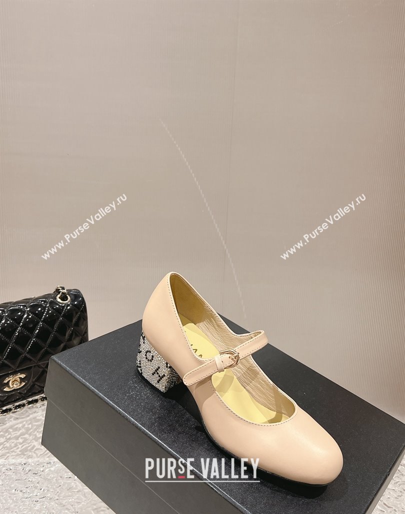 Chanel Calfskin Mary Janes Pumps 4.5cm with Crystals Heel Beige 2023 G45473 (MD-231201053)