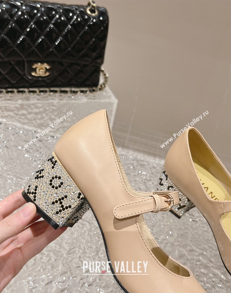 Chanel Calfskin Mary Janes Pumps 4.5cm with Crystals Heel Beige 2023 G45473 (MD-231201053)