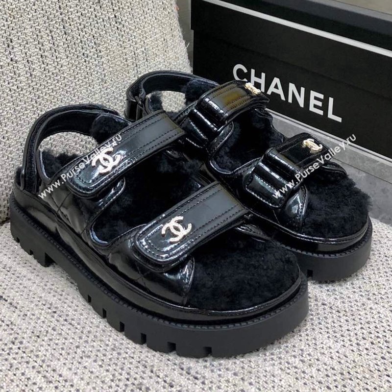 Chanel Patent Calfskin and Wool Strap Sandals Black 2023 G35927 (MD-231201064)