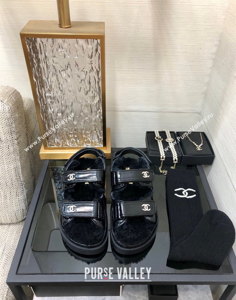 Chanel Patent Calfskin and Wool Strap Sandals Black 2023 G35927 (MD-231201064)