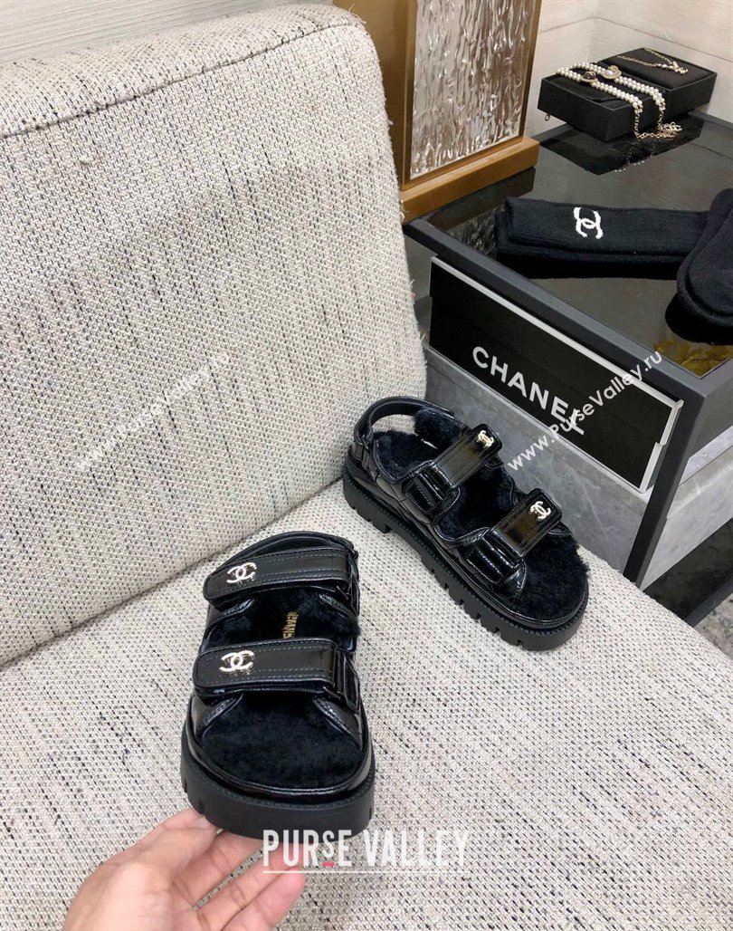 Chanel Patent Calfskin and Wool Strap Sandals Black 2023 G35927 (MD-231201064)