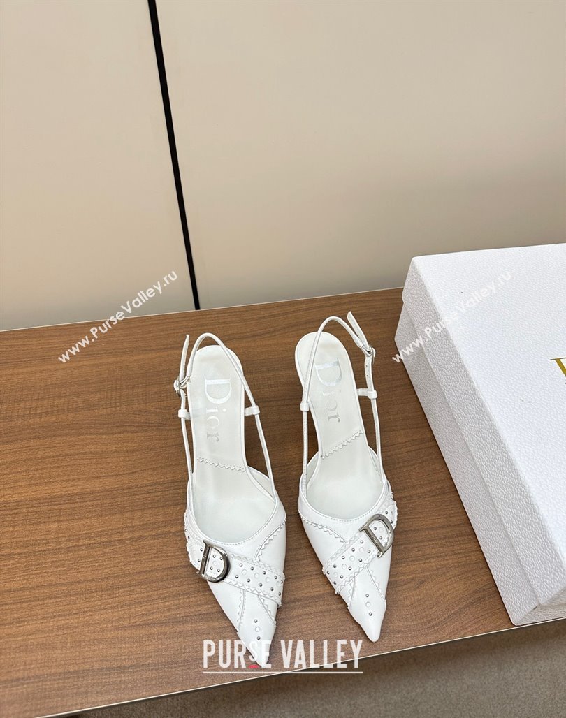 Dior D-Buckle Slingback Pumps in Calfskin with Studs White 2023 (MD-231202032)