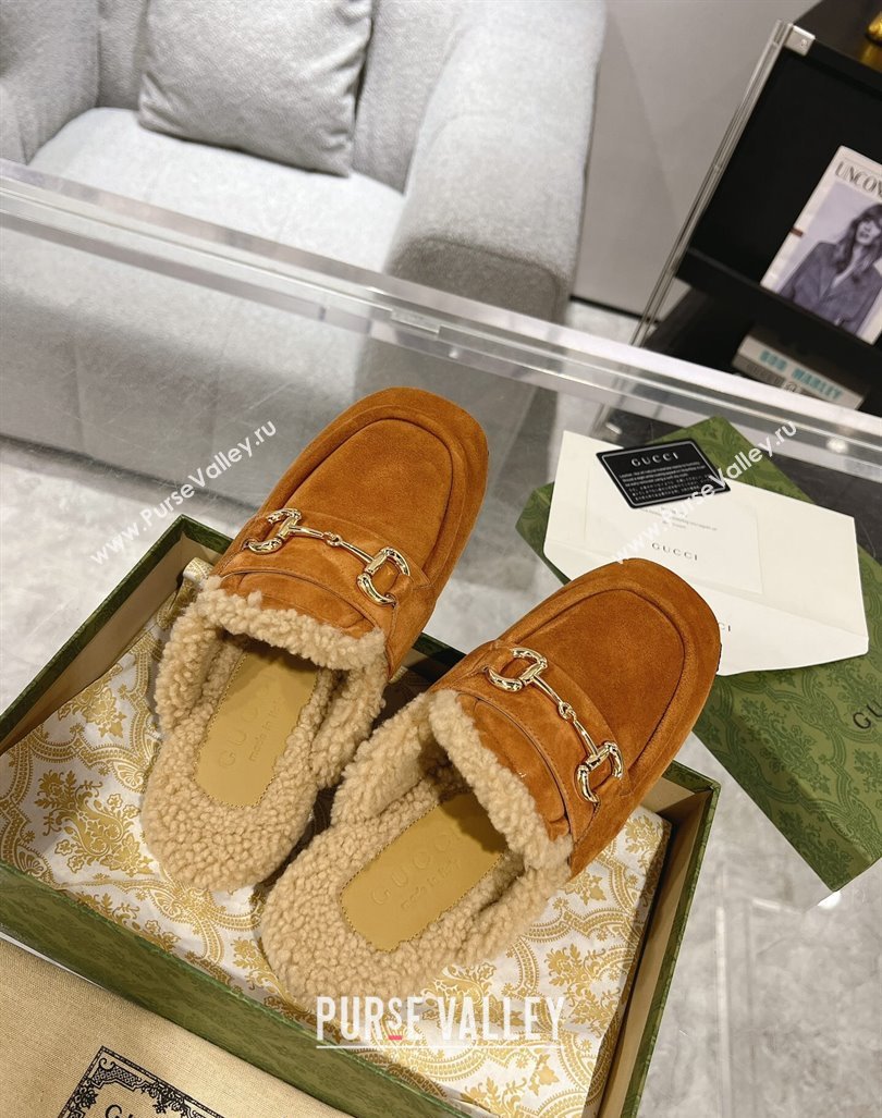 Gucci Flat Mules with Horsebit in Suede and Shearling Brown 2 2023 (MD-231205030)