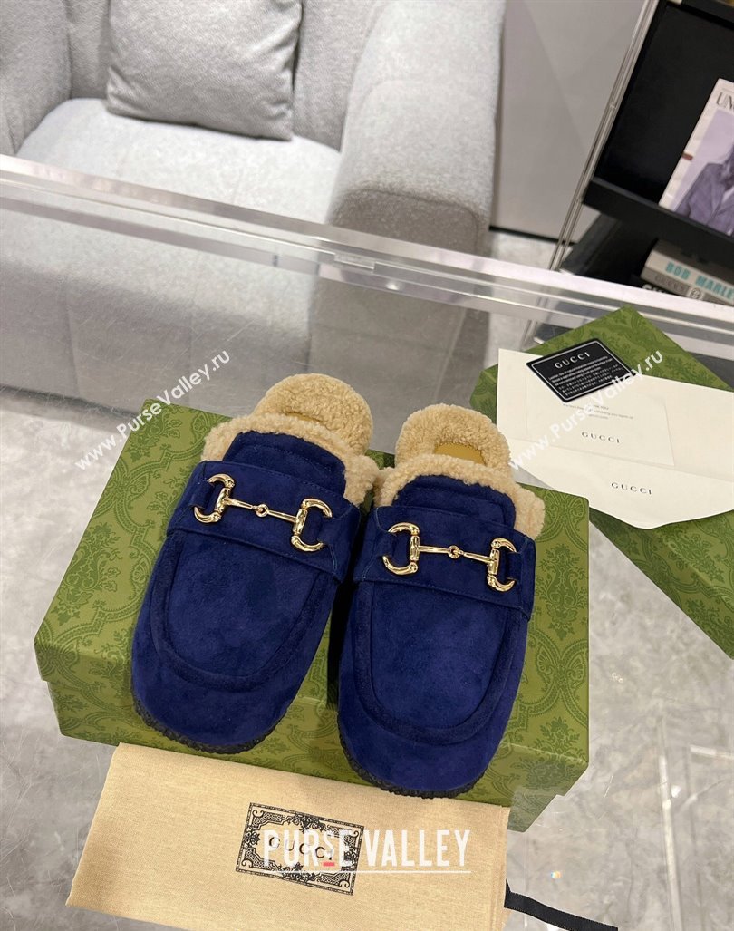 Gucci Flat Mules with Horsebit in Suede and Shearling Dark Blue 2023 (MD-231205033)