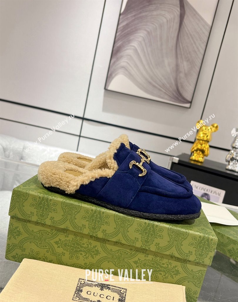 Gucci Flat Mules with Horsebit in Suede and Shearling Dark Blue 2023 (MD-231205033)