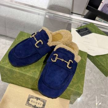 Gucci Flat Mules with Horsebit in Suede and Shearling Dark Blue 2023 (MD-231205033)