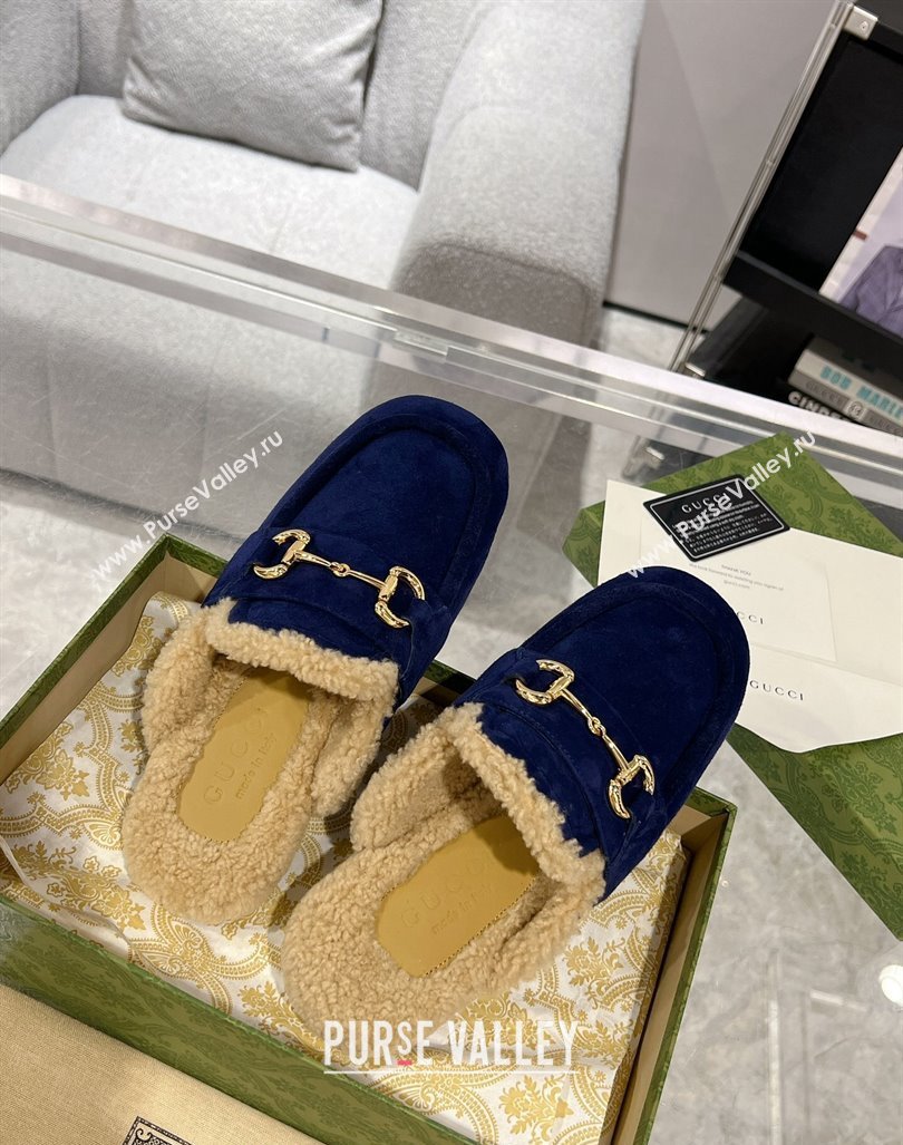 Gucci Flat Mules with Horsebit in Suede and Shearling Dark Blue 2023 (MD-231205033)