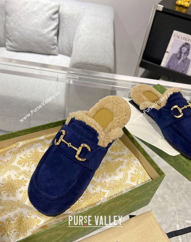 Gucci Flat Mules with Horsebit in Suede and Shearling Dark Blue 2023 (MD-231205033)