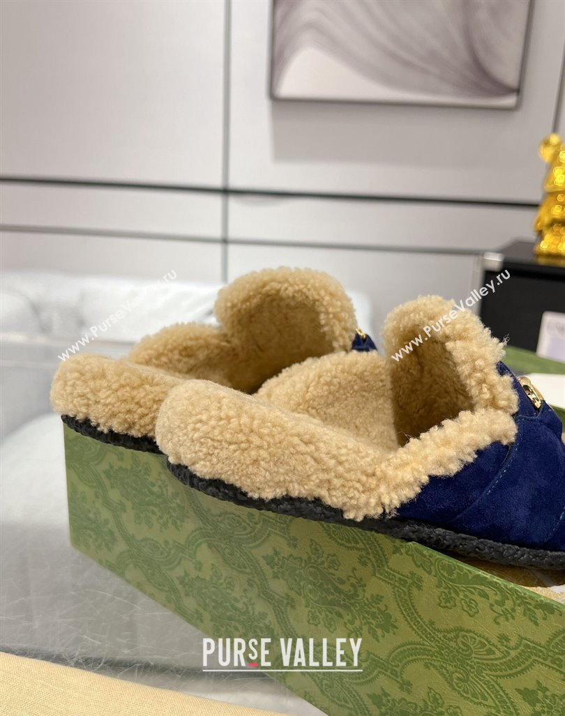 Gucci Flat Mules with Horsebit in Suede and Shearling Dark Blue 2023 (MD-231205033)