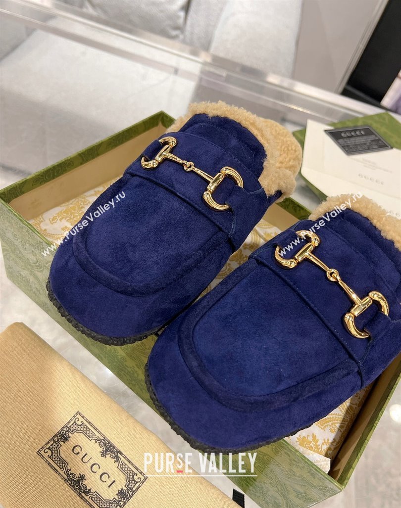 Gucci Flat Mules with Horsebit in Suede and Shearling Dark Blue 2023 (MD-231205033)