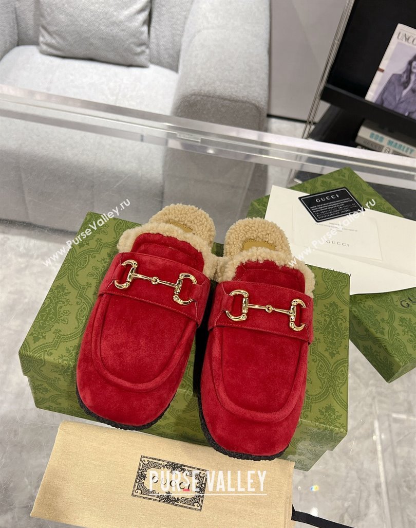 Gucci Flat Mules with Horsebit in Suede and Shearling Red 2023 (MD-231205034)