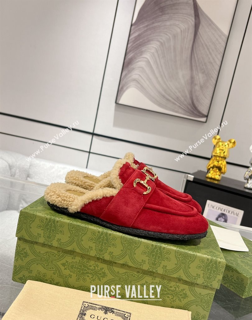 Gucci Flat Mules with Horsebit in Suede and Shearling Red 2023 (MD-231205034)