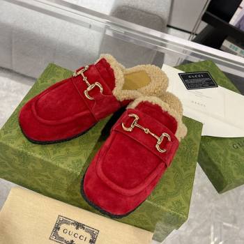 Gucci Flat Mules with Horsebit in Suede and Shearling Red 2023 (MD-231205034)