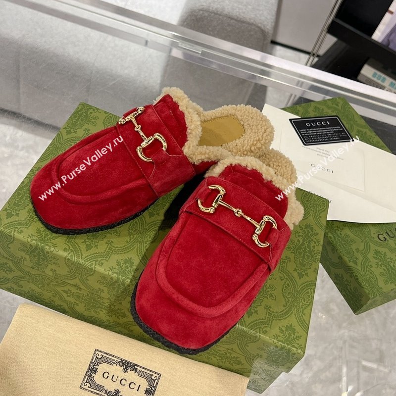 Gucci Flat Mules with Horsebit in Suede and Shearling Red 2023 (MD-231205034)