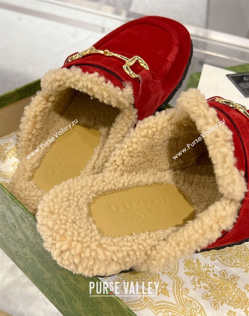 Gucci Flat Mules with Horsebit in Suede and Shearling Red 2023 (MD-231205034)