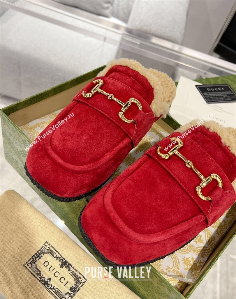 Gucci Flat Mules with Horsebit in Suede and Shearling Red 2023 (MD-231205034)