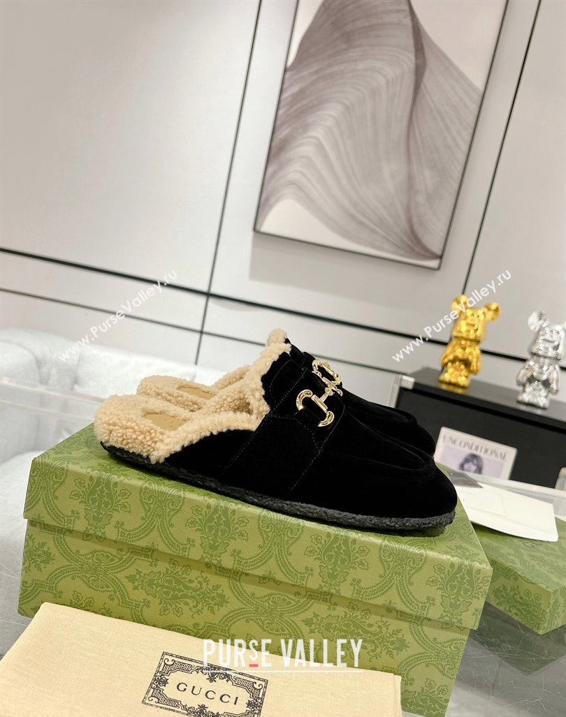 Gucci Flat Mules with Horsebit in Suede and Shearling Black 2023 (MD-231205035)