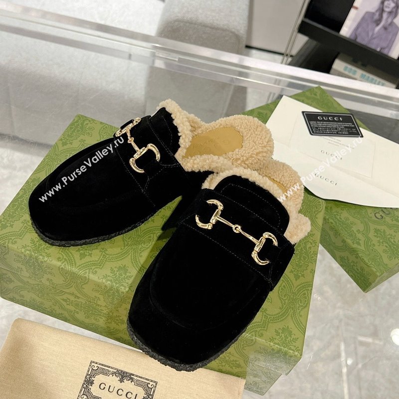 Gucci Flat Mules with Horsebit in Suede and Shearling Black 2023 (MD-231205035)