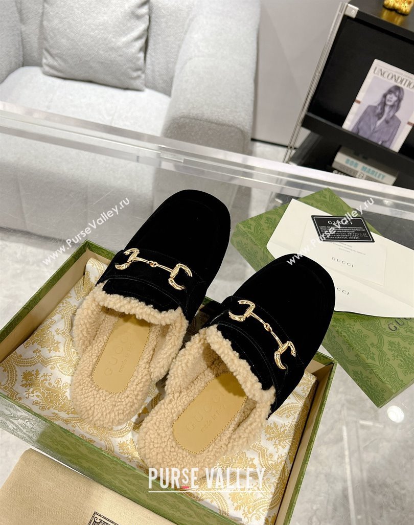 Gucci Flat Mules with Horsebit in Suede and Shearling Black 2023 (MD-231205035)