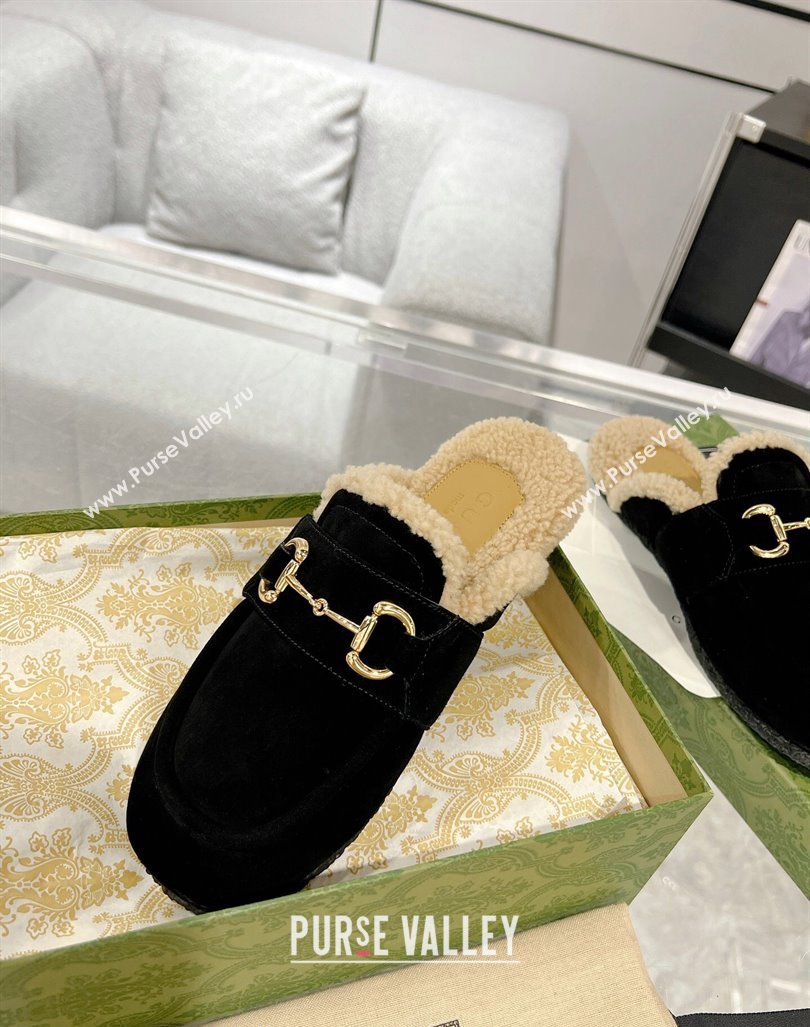 Gucci Flat Mules with Horsebit in Suede and Shearling Black 2023 (MD-231205035)