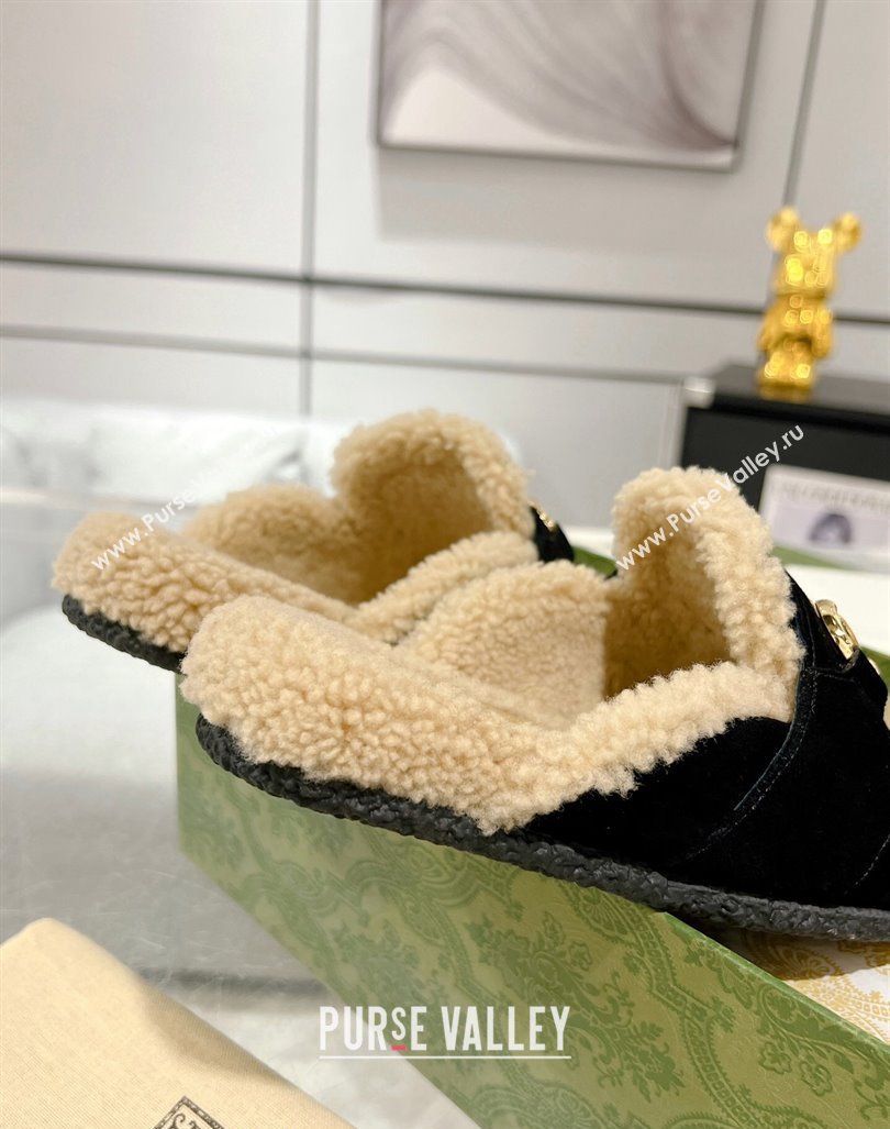 Gucci Flat Mules with Horsebit in Suede and Shearling Black 2023 (MD-231205035)