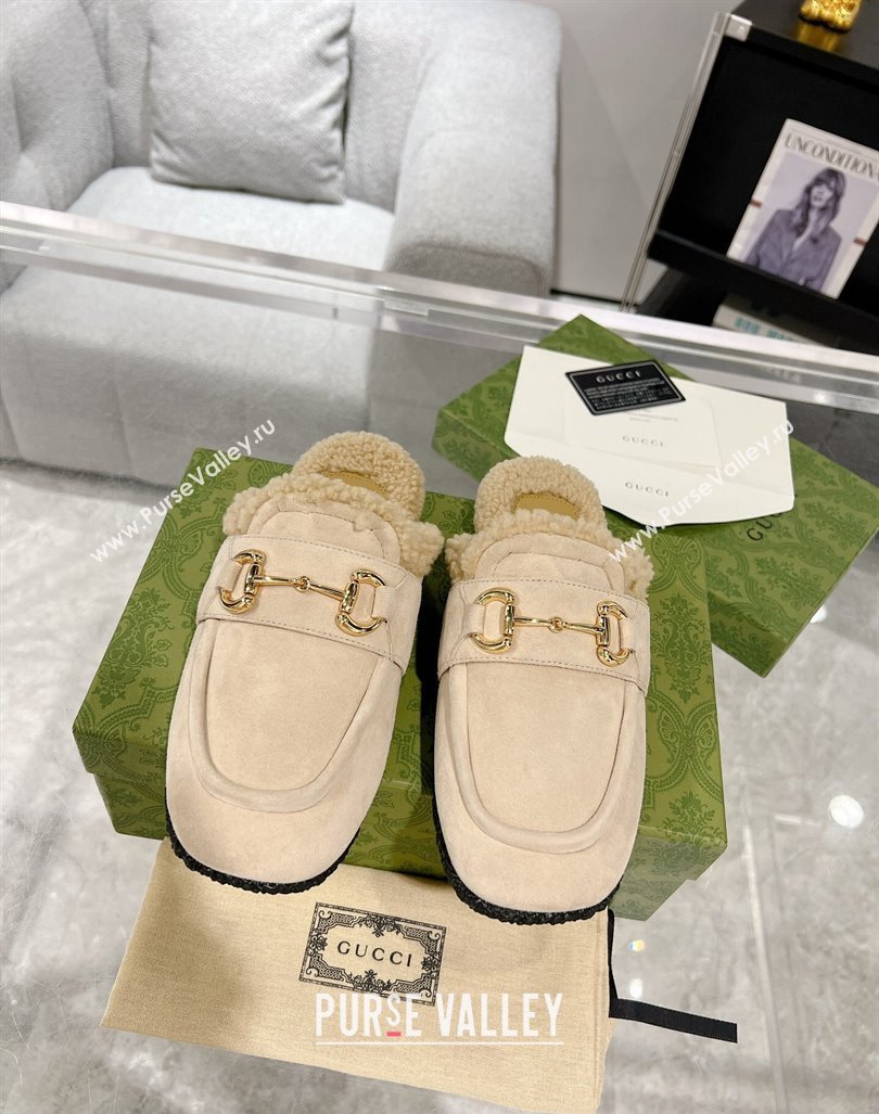 Gucci Flat Mules with Horsebit in Suede and Shearling Light Beige 2023 (MD-231205036)