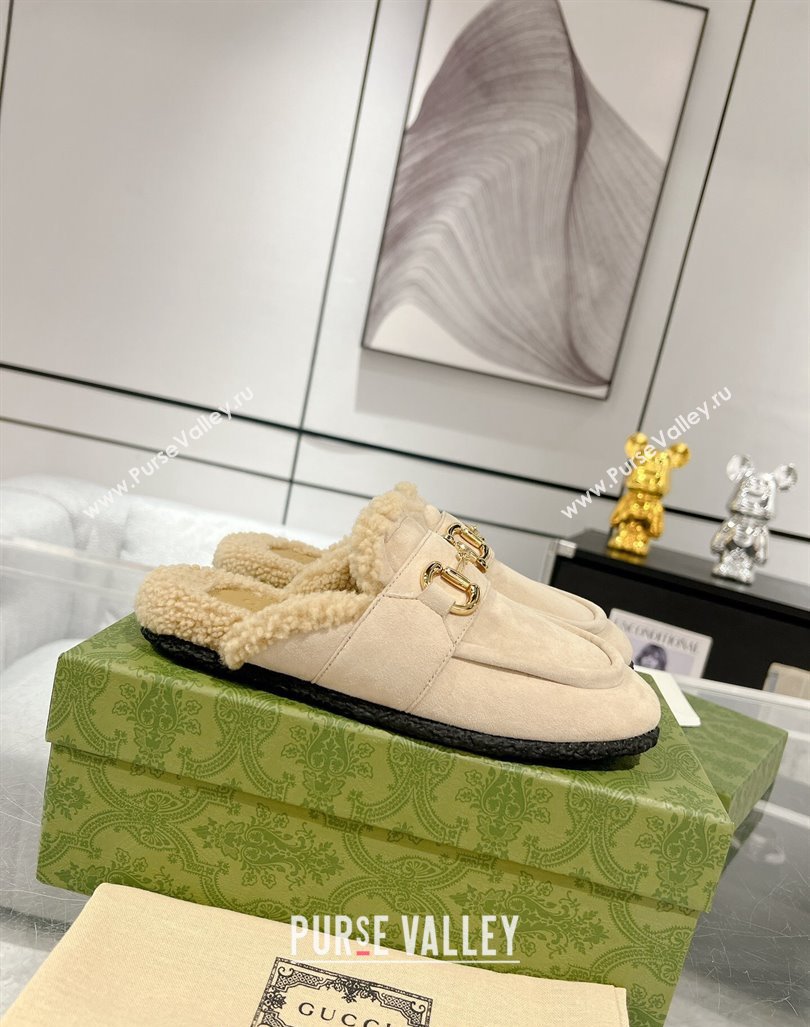 Gucci Flat Mules with Horsebit in Suede and Shearling Light Beige 2023 (MD-231205036)