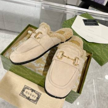 Gucci Flat Mules with Horsebit in Suede and Shearling Light Beige 2023 (MD-231205036)