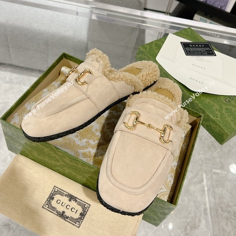 Gucci Flat Mules with Horsebit in Suede and Shearling Light Beige 2023 (MD-231205036)