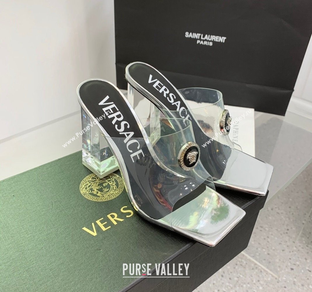 Versace PVC High Heel Slide Sandals 10cm Silver 2023 VE120501 (KER-231205041)