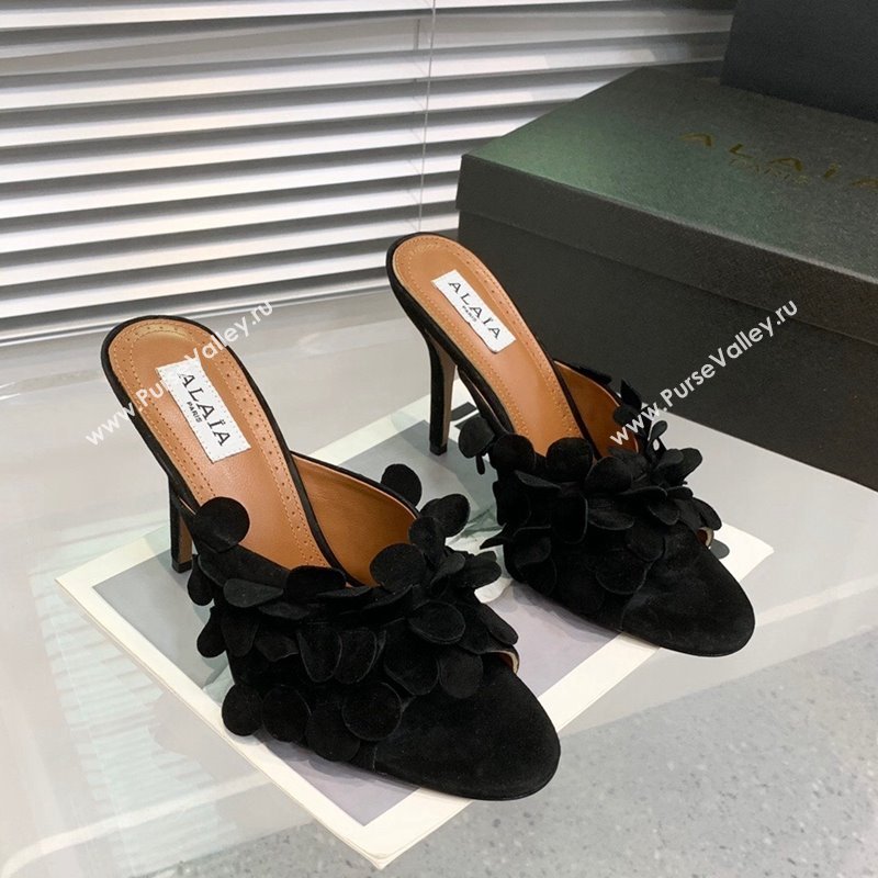 Alaia Confetti Suede Heel Slide Sandals 10.5cm Black 2023 1205 (KER-231205052)