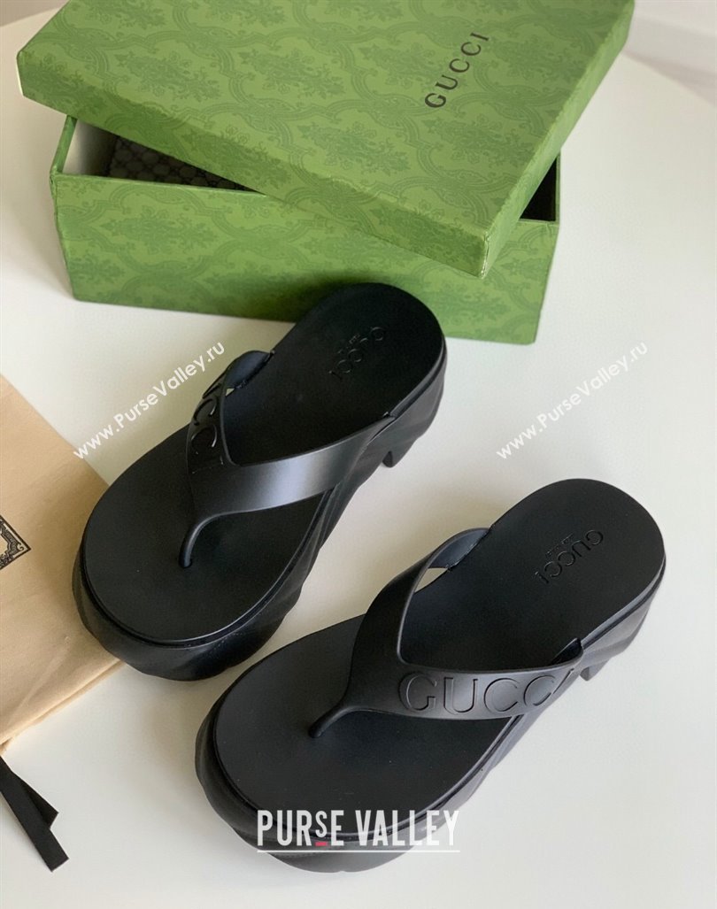 Gucci Rubber Platform Thong Slide Sandals Black 2023 1205 (GDX-231205038)