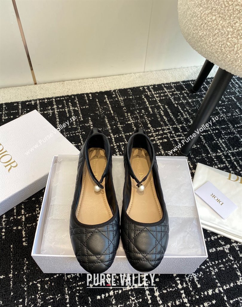 Dior Ballet Flat in Quilted Cannage Calfskin with Pearls Ankle Strap Black 2023 (SS-231202034)