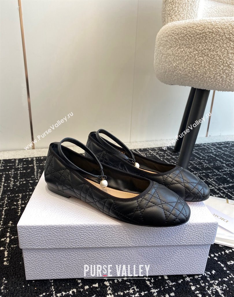 Dior Ballet Flat in Quilted Cannage Calfskin with Pearls Ankle Strap Black 2023 (SS-231202034)