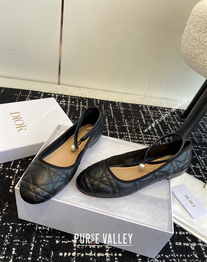 Dior Ballet Flat in Quilted Cannage Calfskin with Pearls Ankle Strap Black 2023 (SS-231202034)