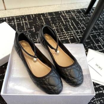 Dior Ballet Flat in Quilted Cannage Calfskin with Pearls Ankle Strap Black 2023 (SS-231202034)