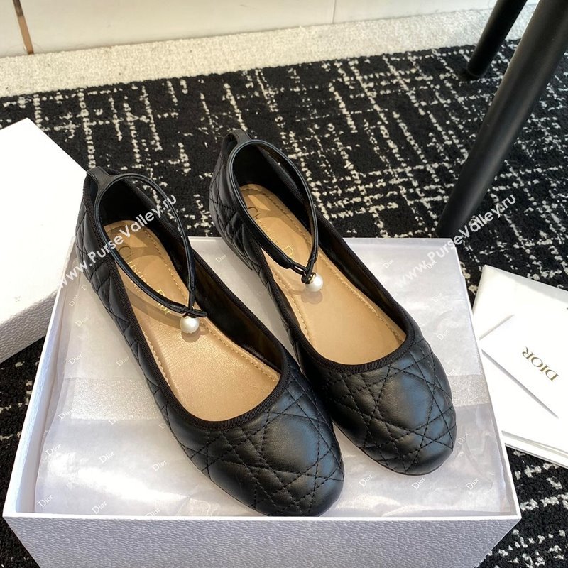 Dior Ballet Flat in Quilted Cannage Calfskin with Pearls Ankle Strap Black 2023 (SS-231202034)