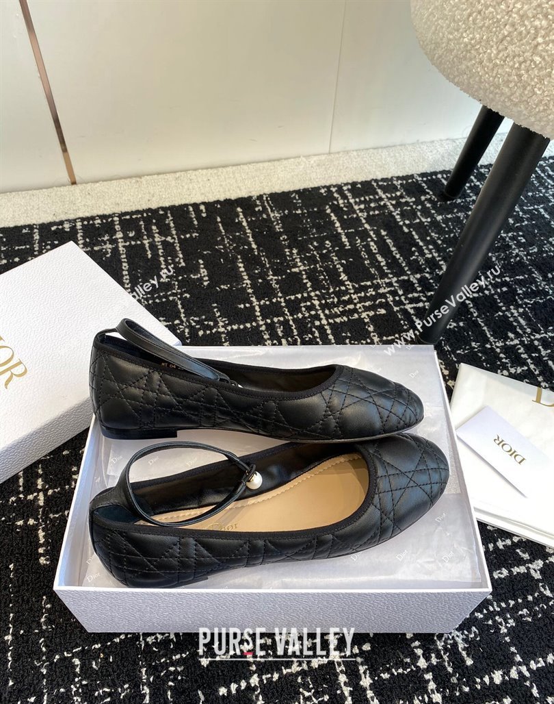 Dior Ballet Flat in Quilted Cannage Calfskin with Pearls Ankle Strap Black 2023 (SS-231202034)