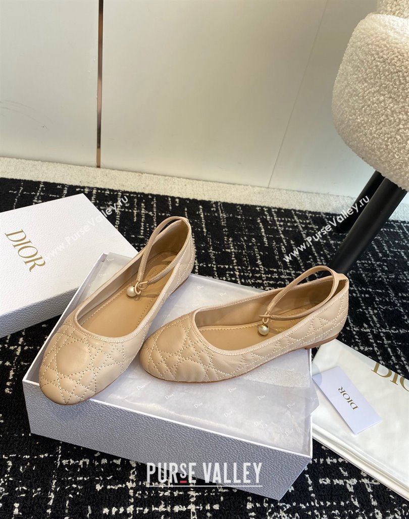 Dior Ballet Flat in Quilted Cannage Calfskin with Pearls Ankle Strap Nude 2023 (SS-231202035)