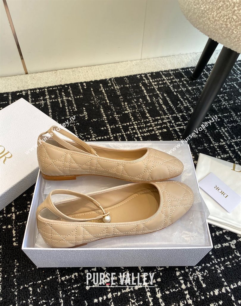 Dior Ballet Flat in Quilted Cannage Calfskin with Pearls Ankle Strap Nude 2023 (SS-231202035)