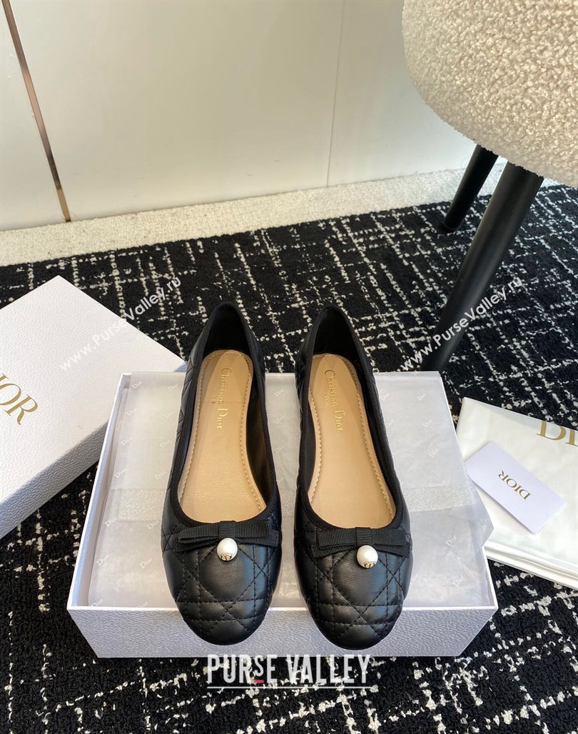 Dior Ballet Flat in Quilted Cannage Calfskin with Pearl Bow Black 2023 (SS-231202033)