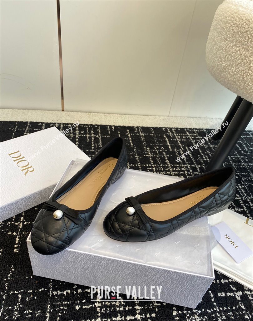 Dior Ballet Flat in Quilted Cannage Calfskin with Pearl Bow Black 2023 (SS-231202033)